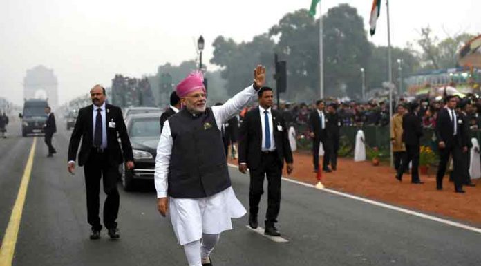 The Prime Minister Narendra Modi at Rajpath on the occasion of the 68th Republic Day Parade.