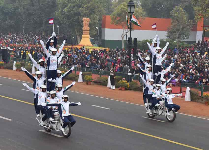 Rajpath Comes Alive With The Dare Devil Stunts Of Motorbike Riders Of Corps Of Military Police On The Occasion Of The 68Th Republic Day Parade 2017.