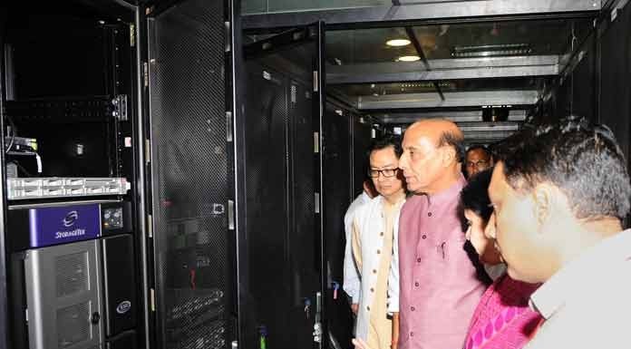 Union Home Minister, Rajnath Singh visiting the CCTNS National Data Centre facility, in New Delhi. The Minister of State for Home Affairs, Kiren Rijiju and the Director General, National Informatics Centre, Neeta Verma are also seen. (Photo/PIB)