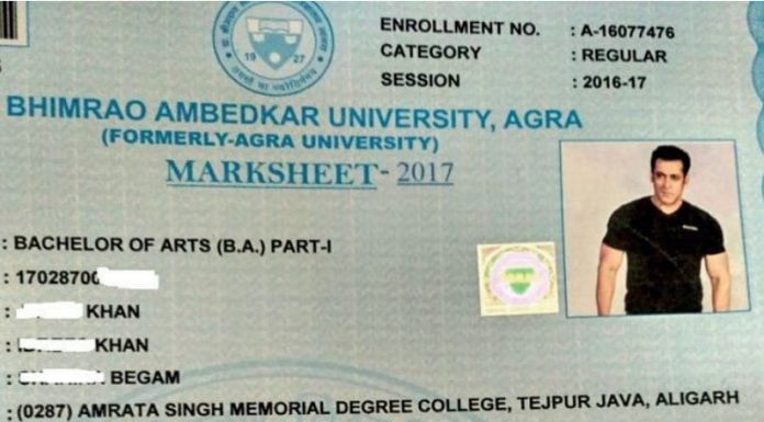 Agra University marksheet, Agra University, Salman Khan, Salman Khan photo on the marksheet, Dr Bhim Rao Ambedkar University