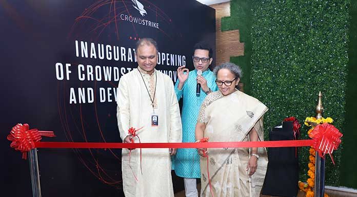 Rama Vedashree, CEO, Data Security Council of India, Amol Kulkarni, Chief Product Officer and Jagdish Mahapatra, Managing Director Asia at the launch of CrowdStrike's first innovation and development center in Pune. (Photo: File)