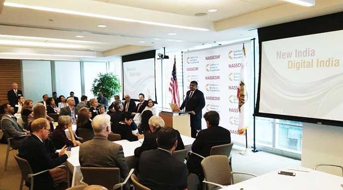 Union IT Minister Ravi Shankar Prasad addresses the CEOs and business leaders from leading tech firms in Silicon Valley about the growth potential and business opportunities that Digital India offers. (Photo/Twitter/@rsprasad)