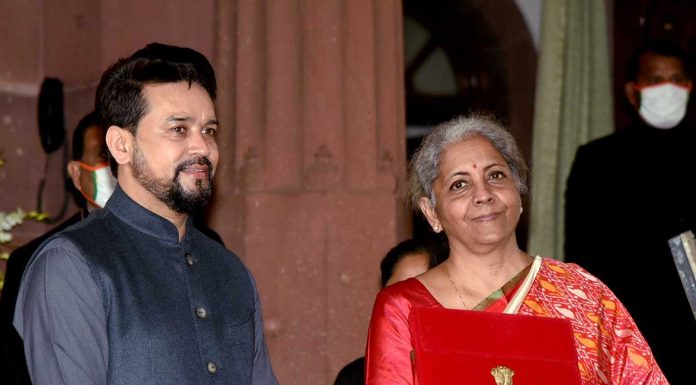 The Union Minister for Finance and Corporate Affairs, Nirmala Sitharaman along with the Minister of State for Finance and Corporate Affairs, Anurag Singh Thakur arrives at Parliament House to present the General Budget 2021-22. (Photo: PIB)