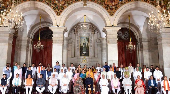 President Ram Nath Kovind, Vice President M. Venkaiah Naidu, Prime Minister Narendra Modi and other members of Council of Ministers at a Swearing-in Ceremony, at Rashtrapati Bhavan, in New Delhi. (Photo: PIB)